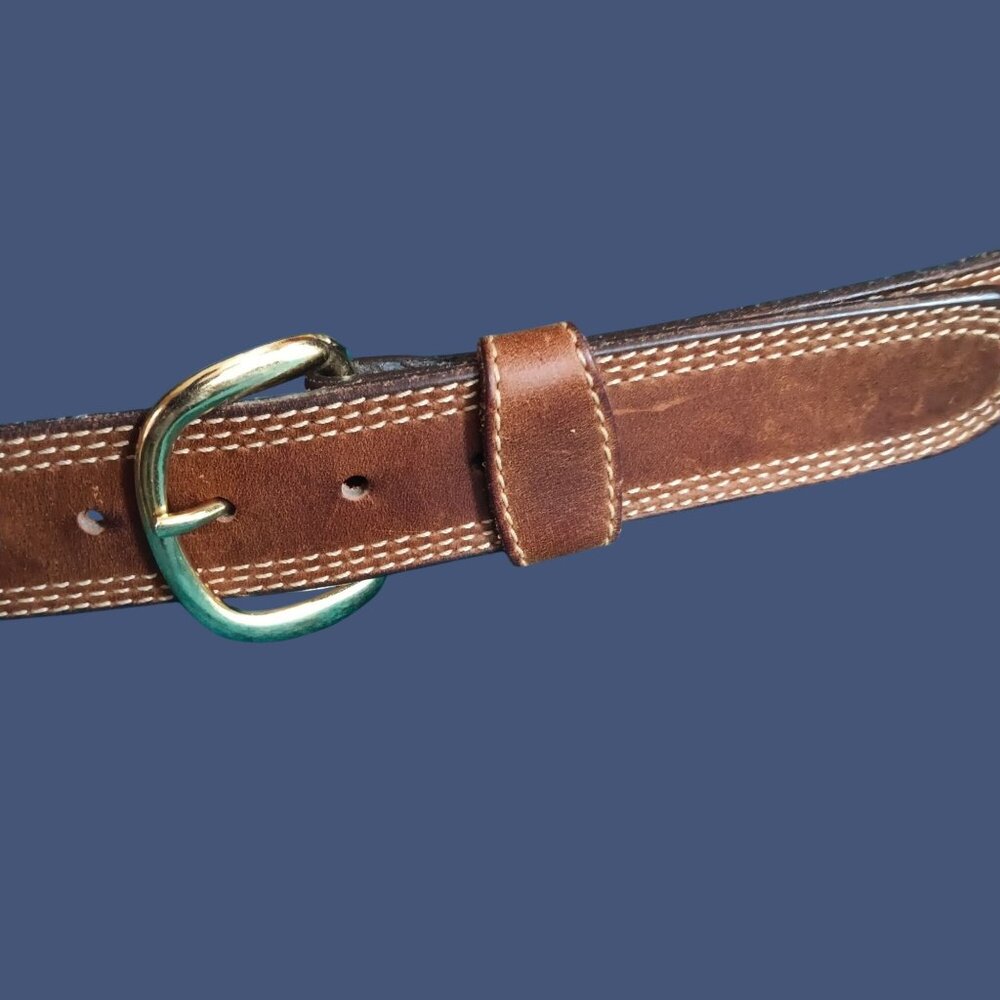 Vintage Mexican Hippie Belt 42 1980's Genuine Leather Brown Brass Buckle 42/105